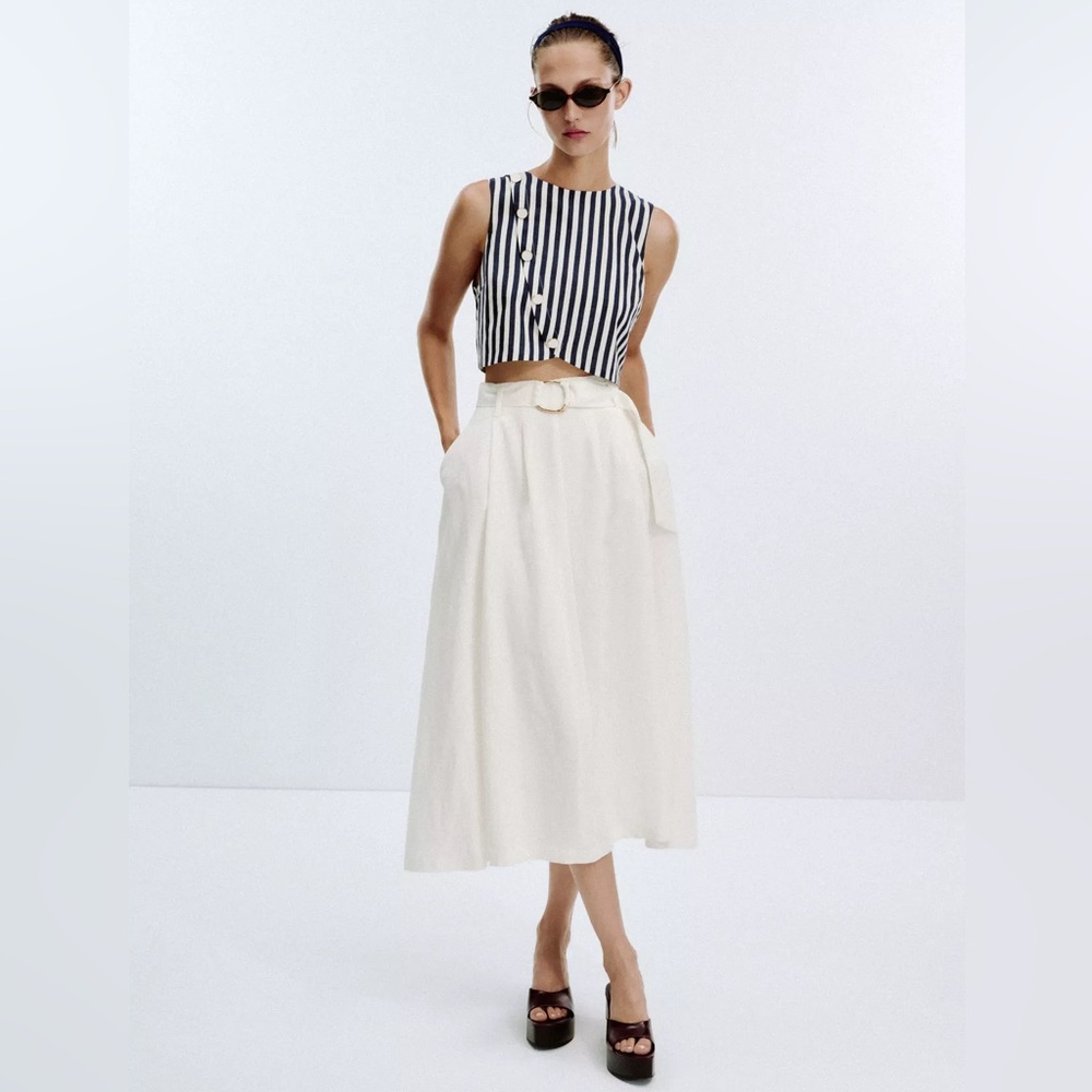 Zara Old Money White Linen Belt Maxi Dress Navy Blue Stripes Gold Detail NWT M